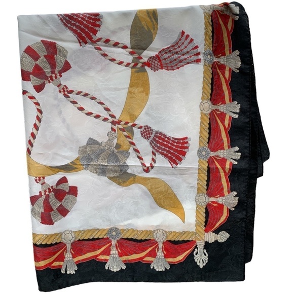 Large Satin Scarf Cream Red Black & Gold Liz Claiborne Rope & Tassel Scarf - Picture 4 of 6